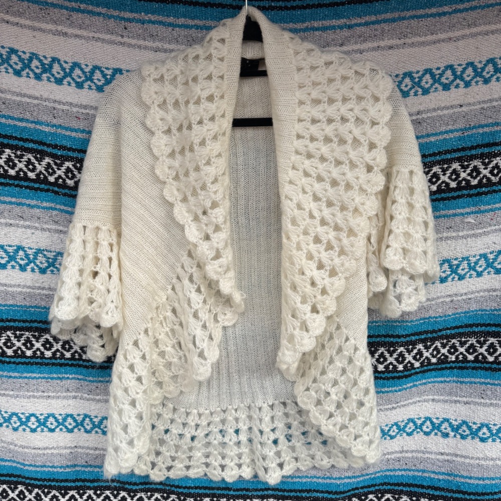 ECI New York Vintage Mohair Crochet Trim Cardigan Knit Shrug Cream Womens Medium